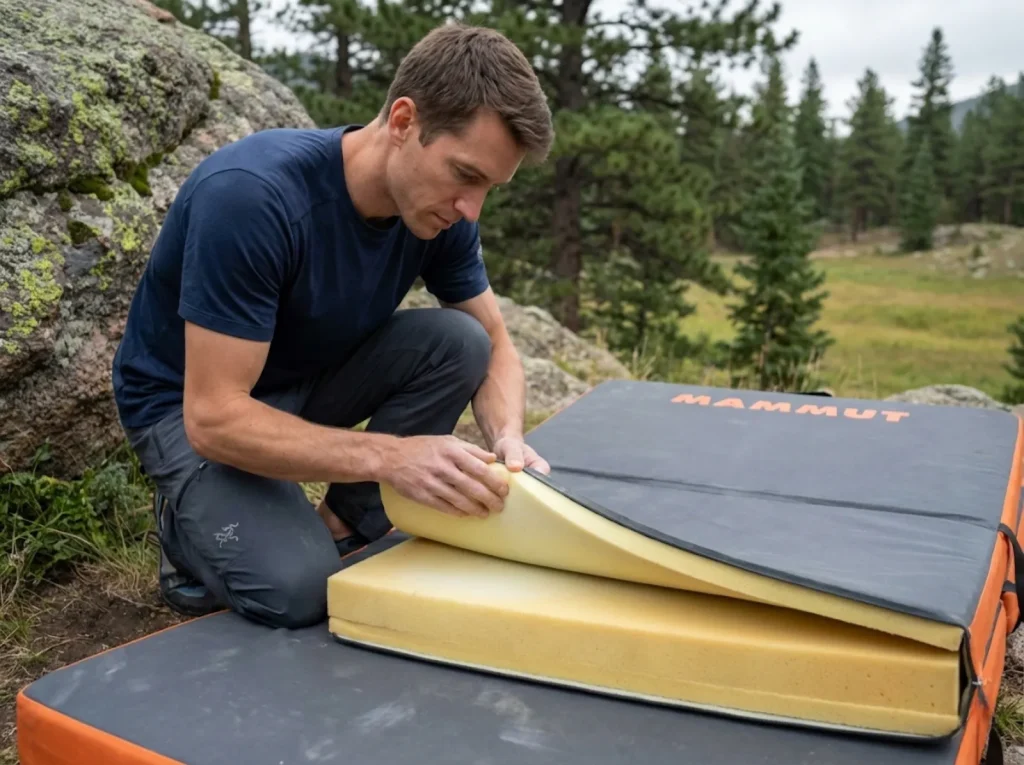 Climber inspecting open-cell foam layers inside Mammut crash pad