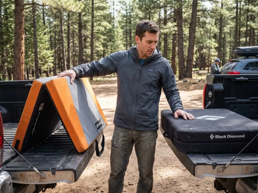 Climber comparing tri-fold and hinge crash pad folding systems at trailhead