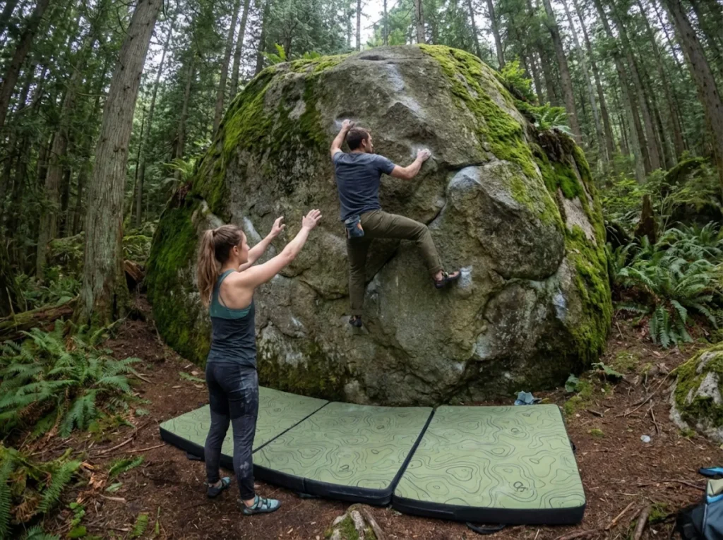 Spotter guiding fall trajectory over three linked ZigZag crash pads at Squamish