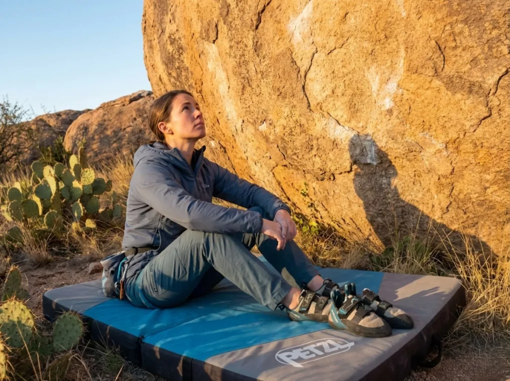 Climber mentally preparing on Petzl crash pad below highball boulder at Hueco Tanks