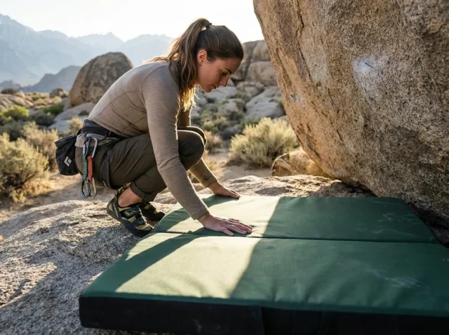 crash-pad-safety-gear-bouldering-setup Boulderer positioning Organic crash pad on rocky terrain at Bishop California
