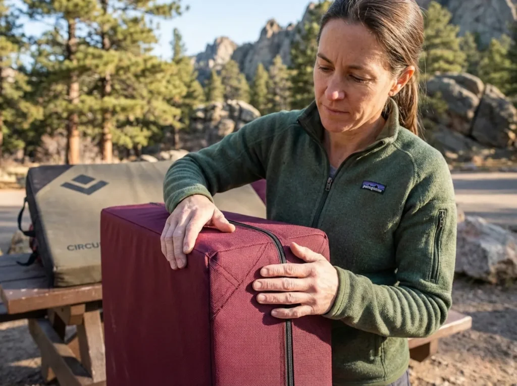 Climber examining ballistic nylon shell quality on Organic crash pad at trailhead