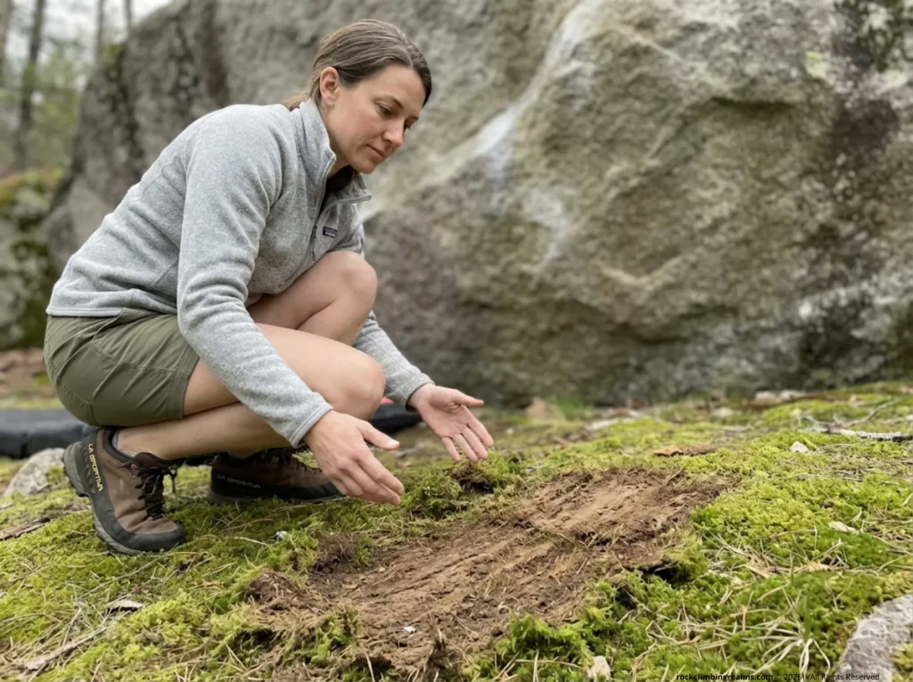 Female climber examining trampled vegetation scar from dragged crash pad at boulder base, crag setting