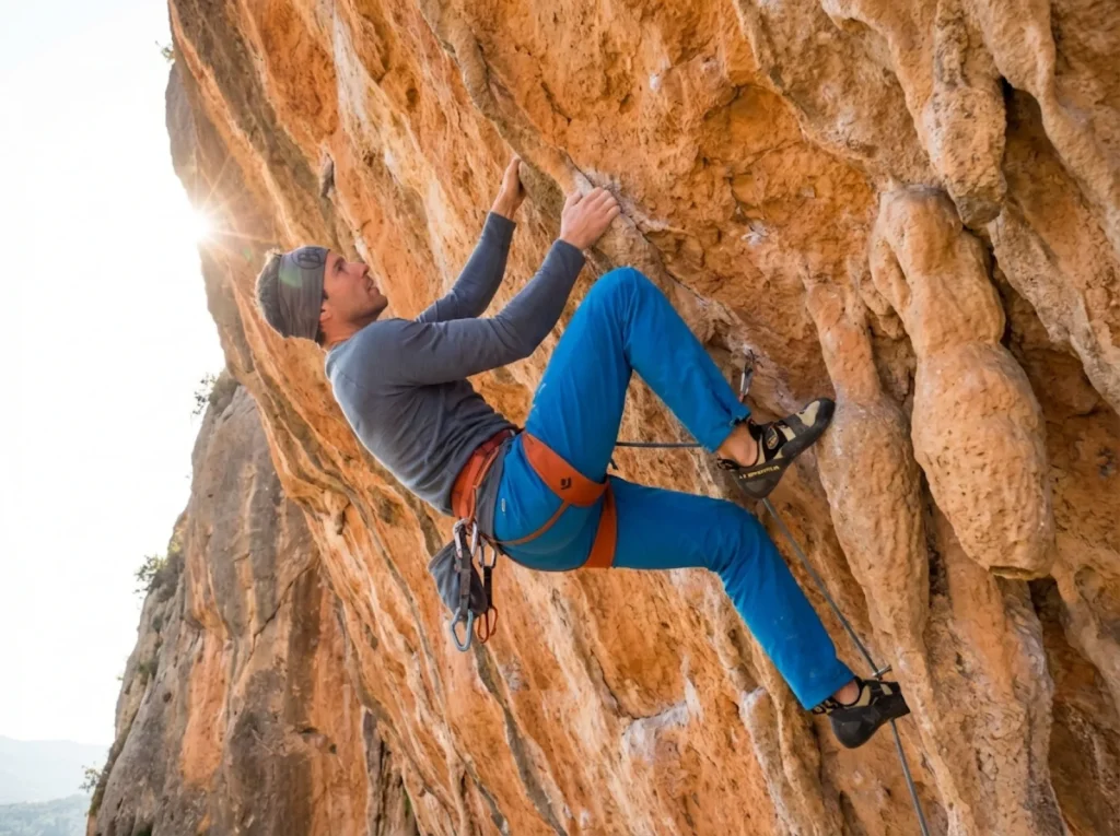 Climber working a crux section on an overhanging limestone sport route