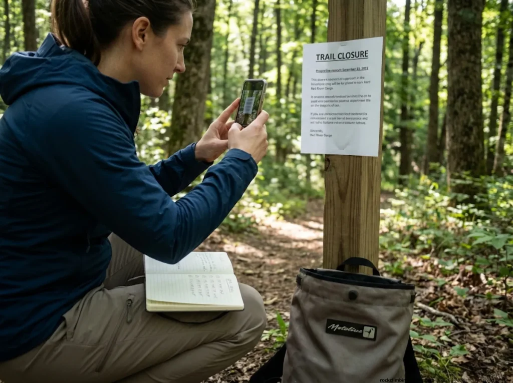 Climber photographs a trail closure sign while documenting GPS coordinates