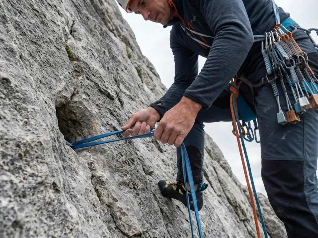 Climber threading a sling through a clessidra natural anchor on Dolomite limestone wall