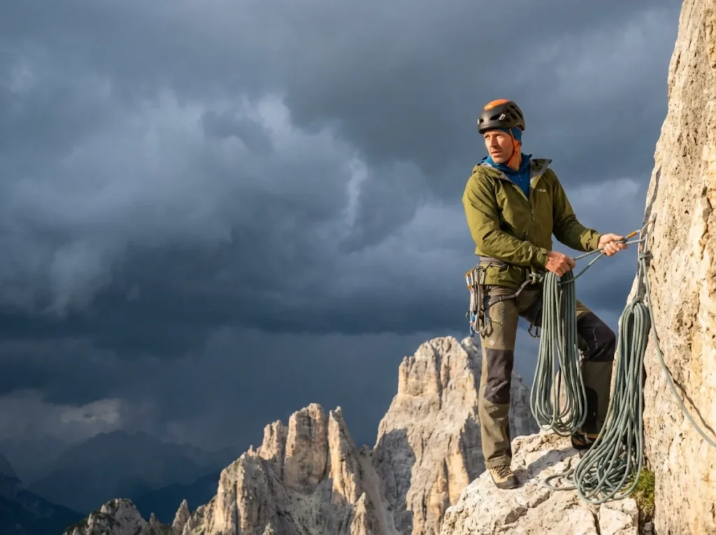 Climber pulling on a rain shell as afternoon thunderstorms approach during a Dolomites multi-pitch climb