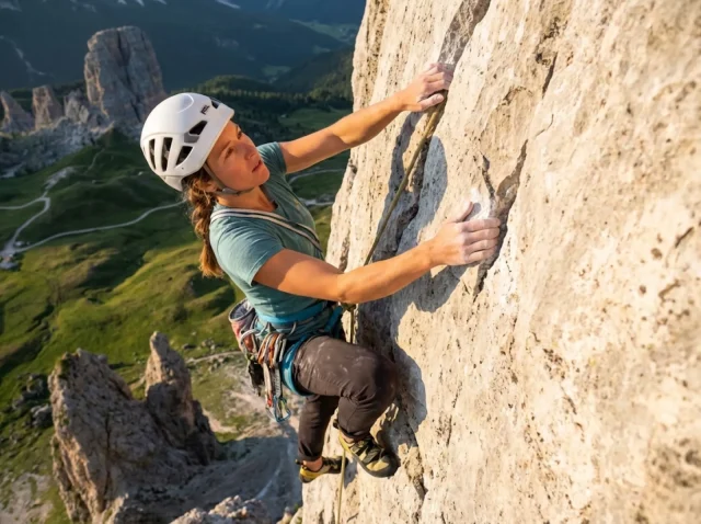 dolomites-climbing-guide-hero-cinque-torri Climber leading a multi-pitch limestone route on Cinque Torri in the Italian Dolomites at golden hour