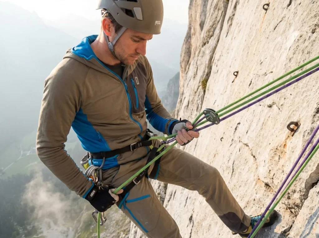 Climber rappelling down a steep Dolomite limestone face with valley visible far below in the mist