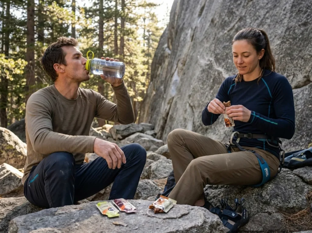 Two climbers snacking and hydrating during a mid-session break at the base of a granite route