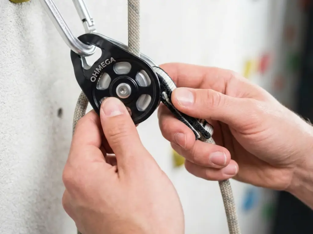Hands installing Edelrid Ohmega assisted braking device on first quickdraw bolt