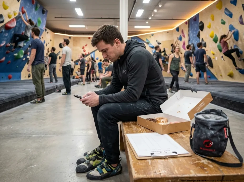 Solo climber waiting alone at an empty climbing club first meeting in a gym