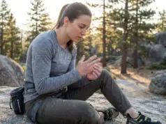How to Recover from a Finger Pulley Injury Week by Week Climber examining injured finger pulley at base of outdoor boulder during morning session