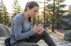 How to Recover from a Finger Pulley Injury Week by Week Climber examining injured finger pulley at base of outdoor boulder during morning session