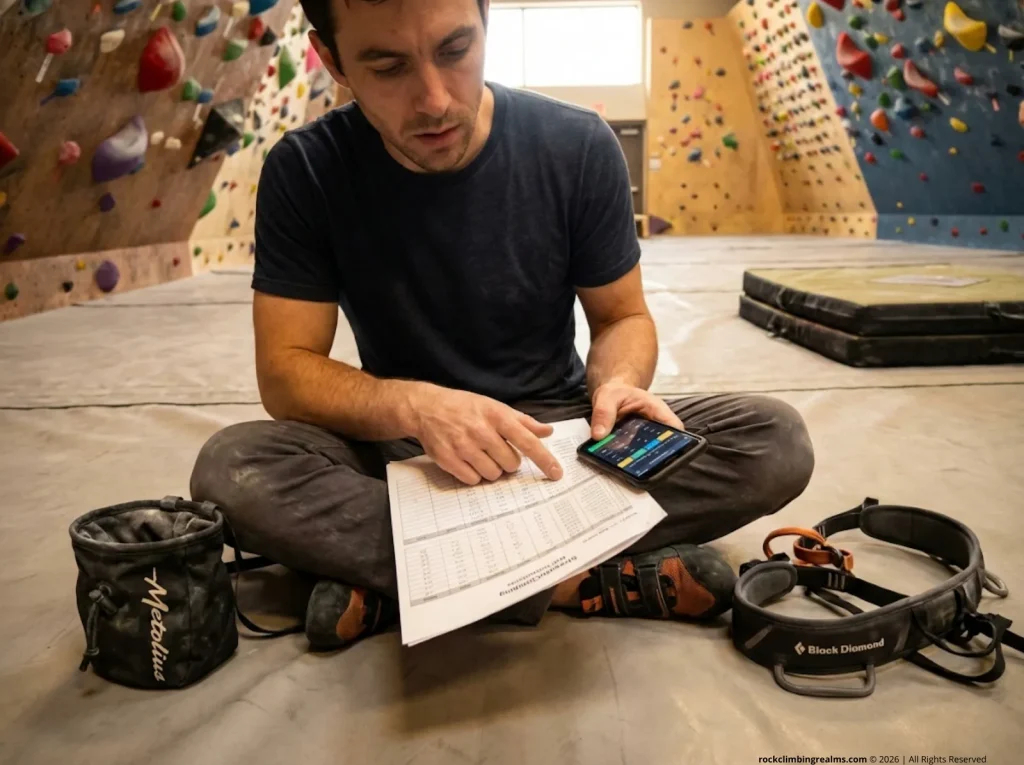 Male climber reviewing finger strength tracker and MVC-7 calculator on phone after hangboard testing session at bouldering gym 