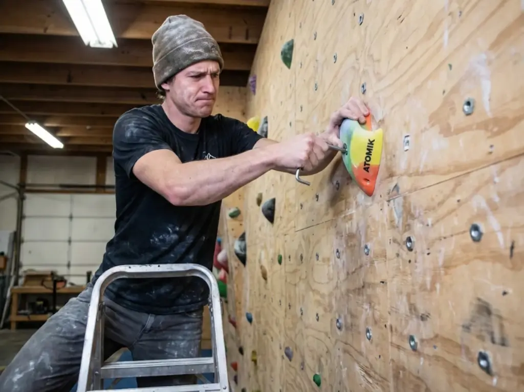 Climber fixing a spinning hold with Allen wrench during home wall maintenance check