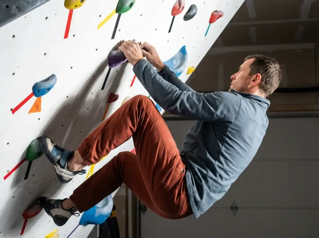 Climber demonstrating forced movement technique with precise toe hook on home spray wall