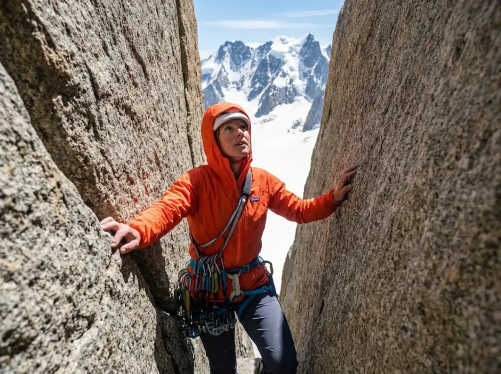 Alpine climber using gear sling in chimney pitch where harness loops would pin