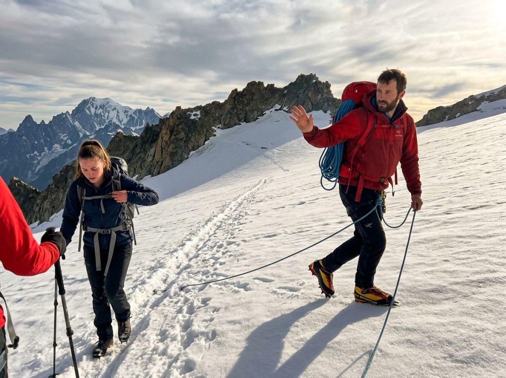 A guide leading a short rope team up a snow slope on a North Cascades climb