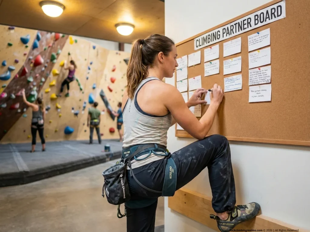 Female climber writing on a gym partner board, La Sportiva shoes and Edelrid harness visible, routes in background