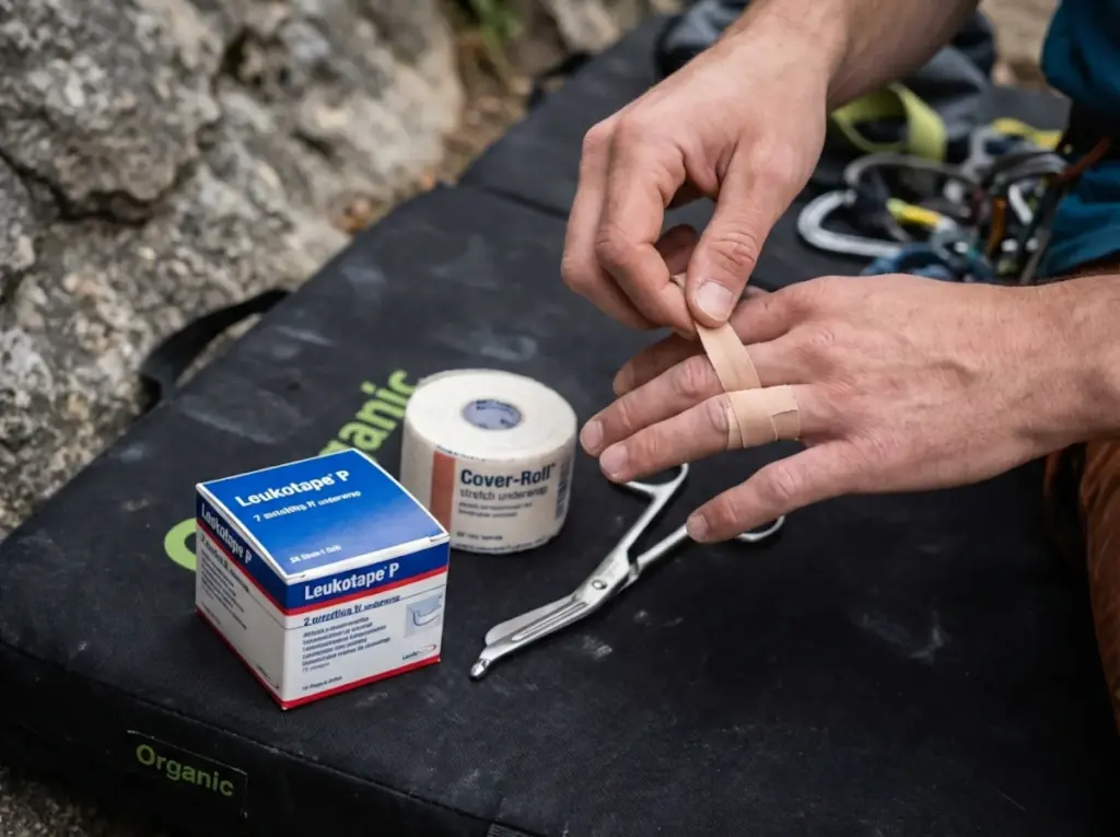 Step-by-step H-tape method application for climbing pulley injury support 