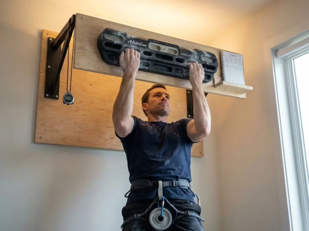 Weighted dead hang test on Metolius hangboard showing hands-on evaluation methodology 
