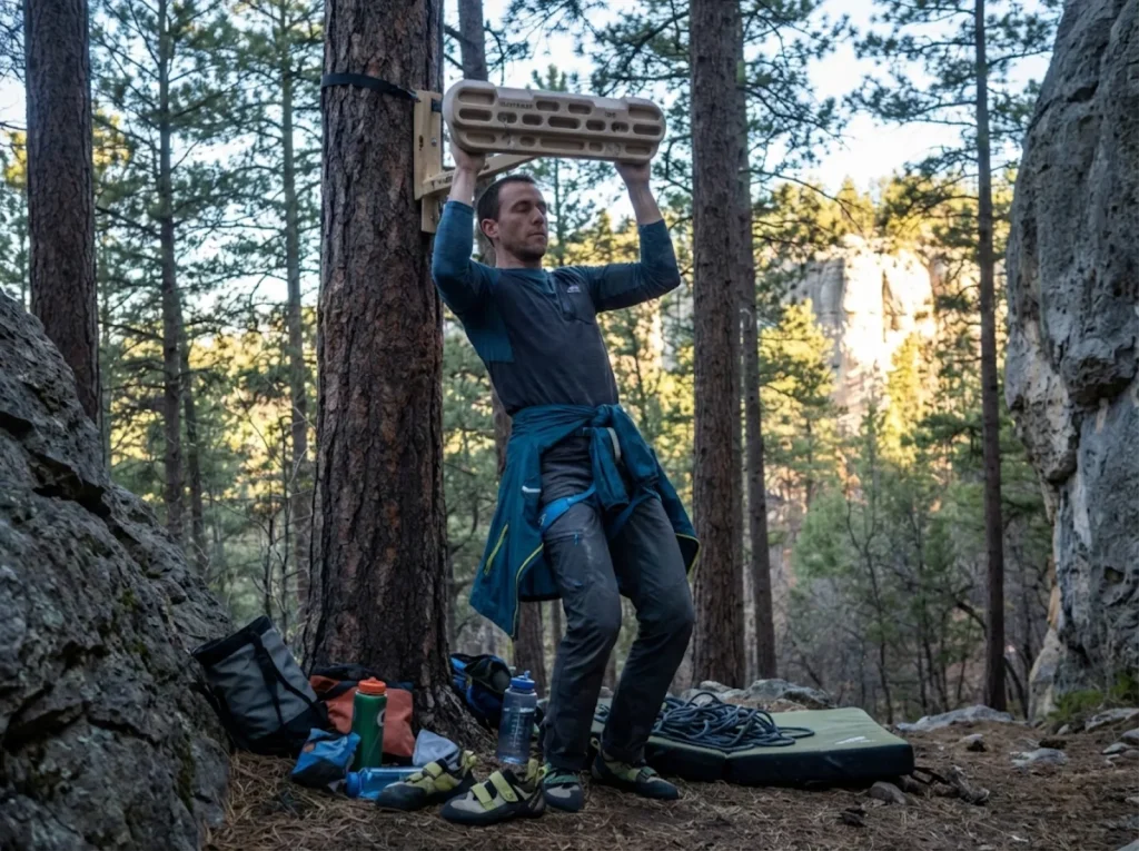 Climber warming up on a portable hangboard at the crag before a redpoint attempt 