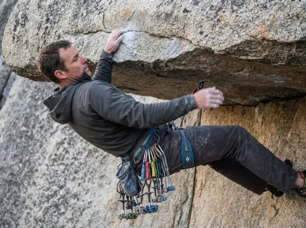 Climber pulling roof move with organized harness rack on overhanging granite