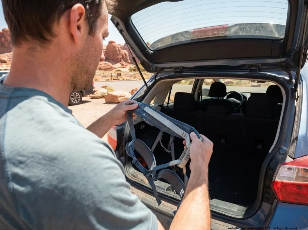 Climber retrieving sun-faded harness from hot car trunk at desert trailhead
