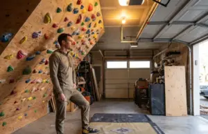 From Random Holds to Real Routes on Your Home Wall Climber assessing a home wall covered in colorful holds before setting new routes