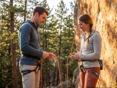 Tired of Autobelay? How to Find Climbing Partners Two climbers perform a partner check at a granite sport crag, GriGri belay device and Sterling rope visible