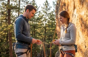 Tired of Autobelay? How to Find Climbing Partners Two climbers perform a partner check at a granite sport crag, GriGri belay device and Sterling rope visible