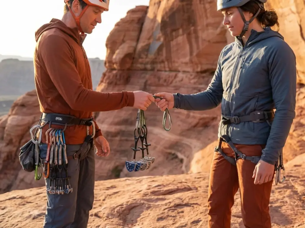 Climbing partners exchanging gear sling at belay showing hybrid rack system