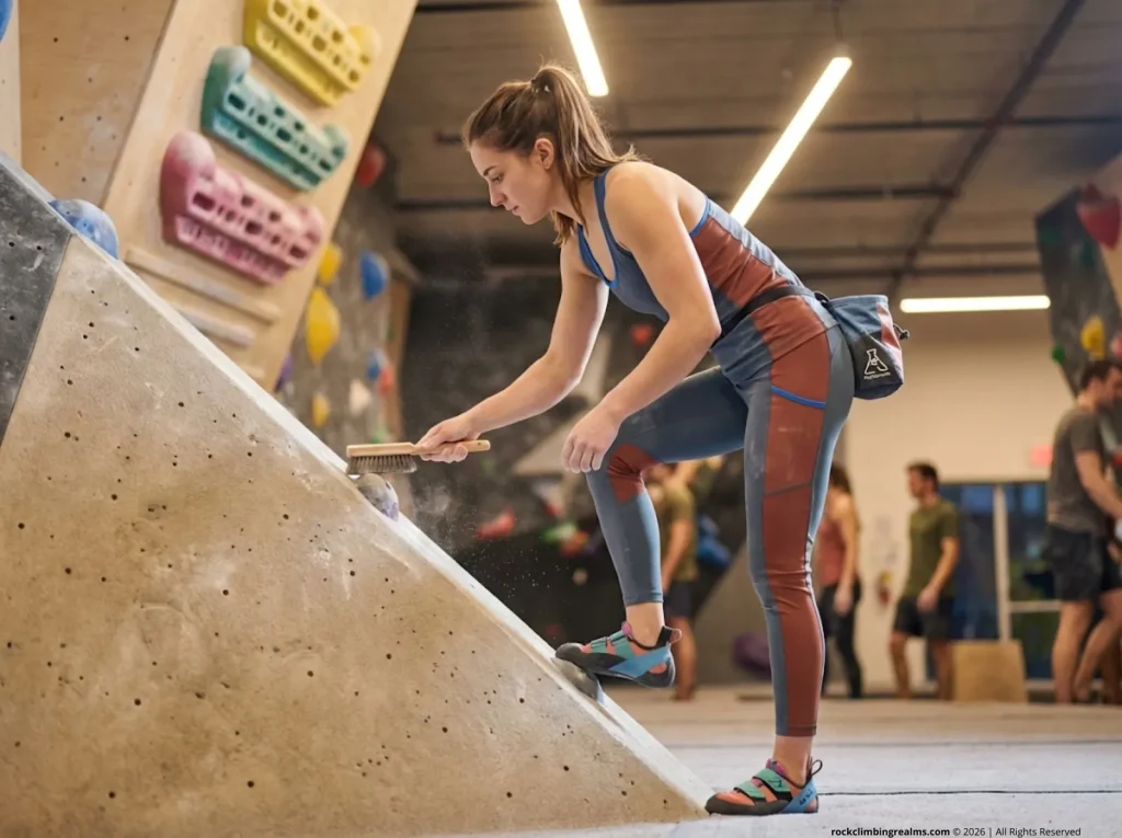 Climber brushing chalk off indoor gym holds with short brush under LED lighting
