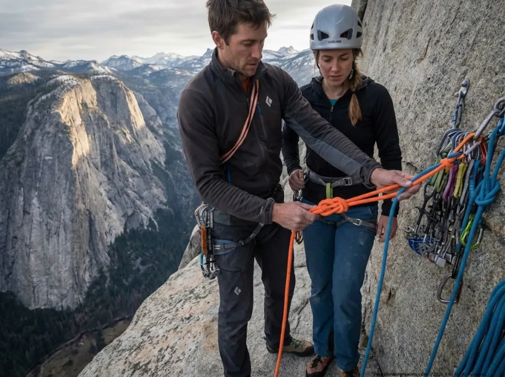 Two climbers tying joining knot for rappel on multi-pitch granite ledge, measuring tail length