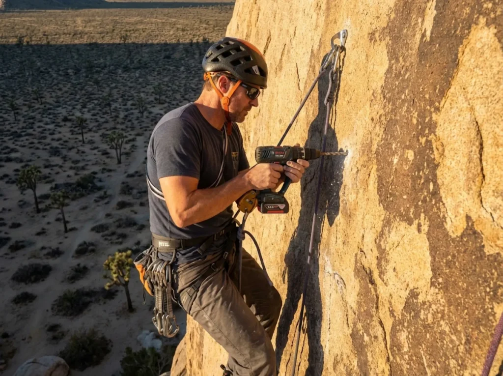 Route developer drilling a bolt on monzogranite at Joshua Tree NP