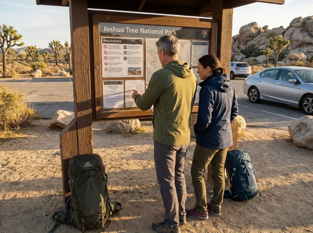 Climbers reading NPS climbing regulations at Joshua Tree trailhead