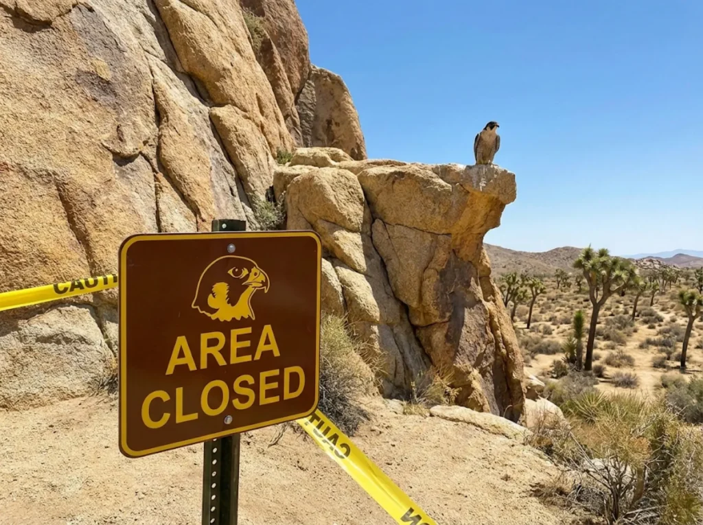 NPS raptor nesting closure sign at Joshua Tree climbing area