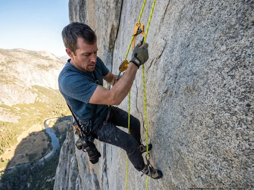 Climber-photographer ascending a static fixed line on granite multi-pitch route using Petzl ascenders for overhead shooting position