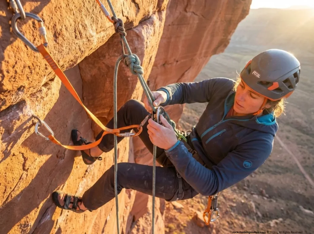Female climber re-rigging rappel device below joining knot mid-face with Prusik backup loaded above