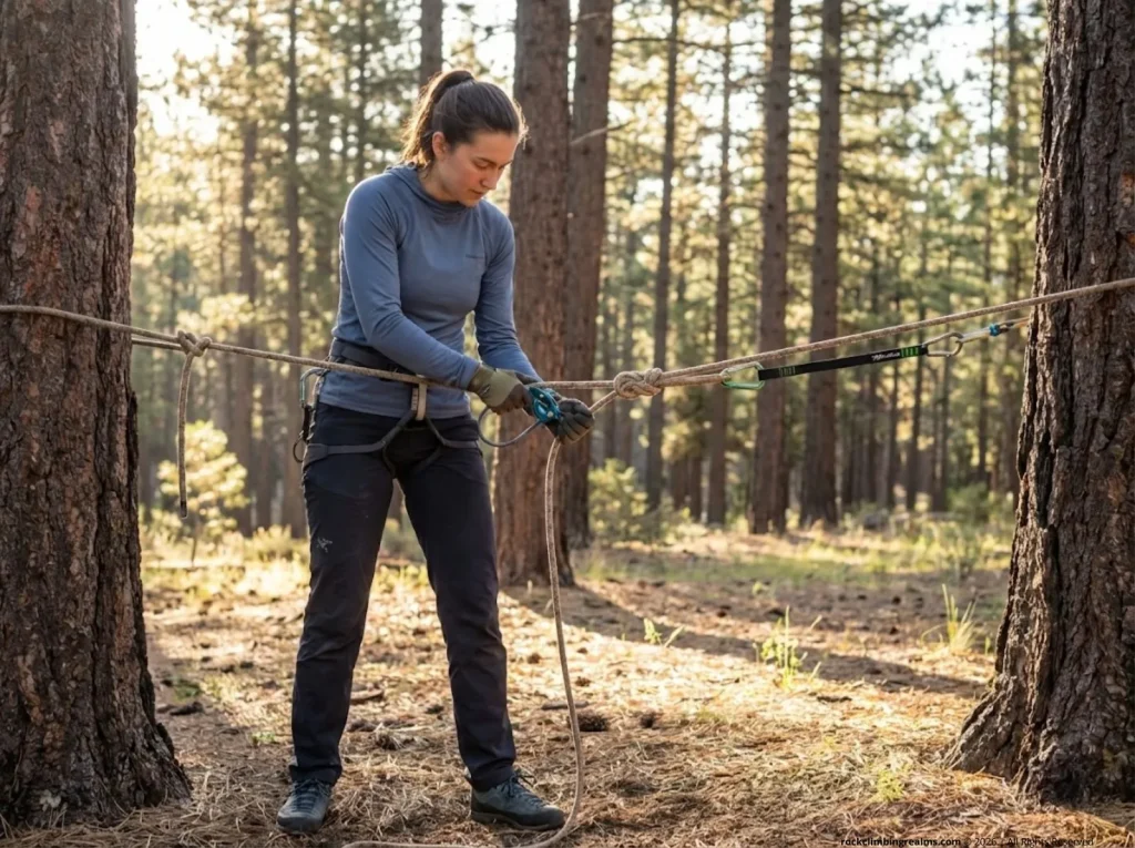 Female climber practicing rappel knot-pass drill on rope strung between trees at ground level