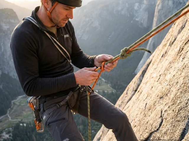 knot-pass-rappel-prusik-setup-granite-wall Climber rigging a Prusik backup above a joining knot mid-rappel on a granite wall