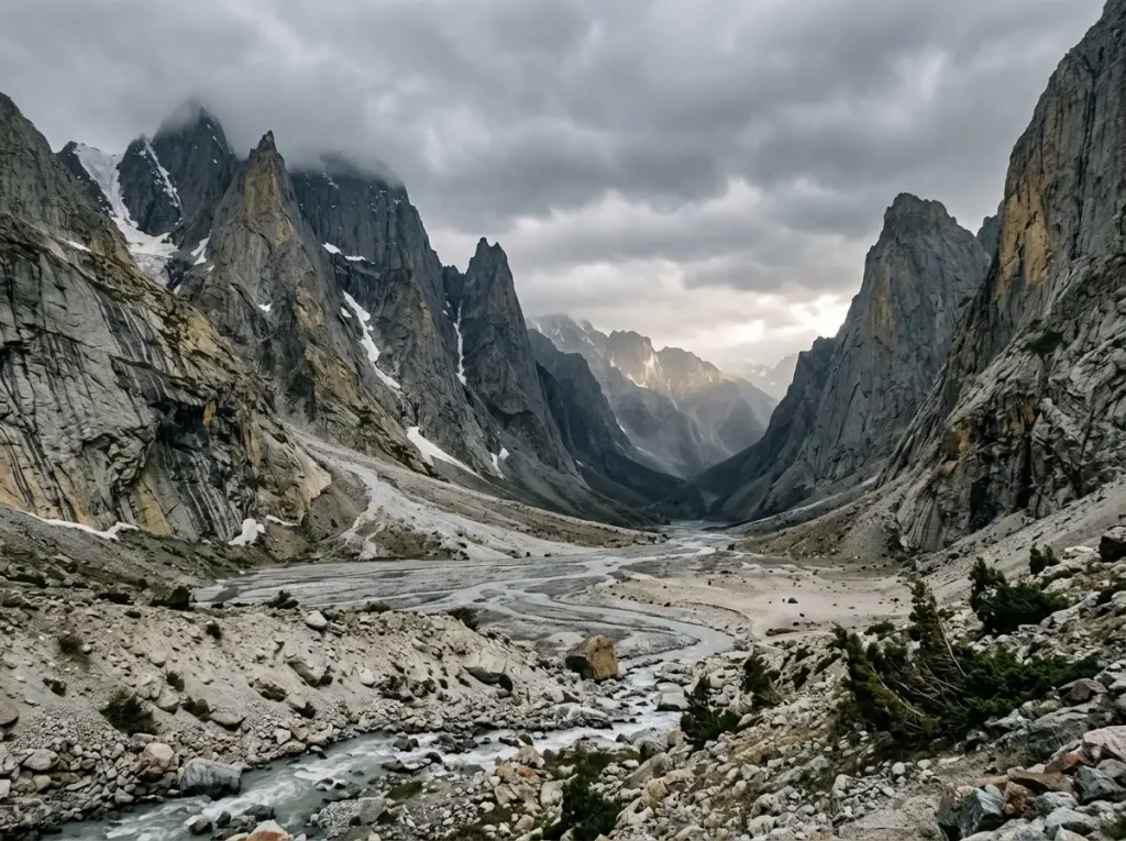 Remote granite big-wall valley in Kyrgyzstan's Kara-Su region, vast, glaciated, and isolated