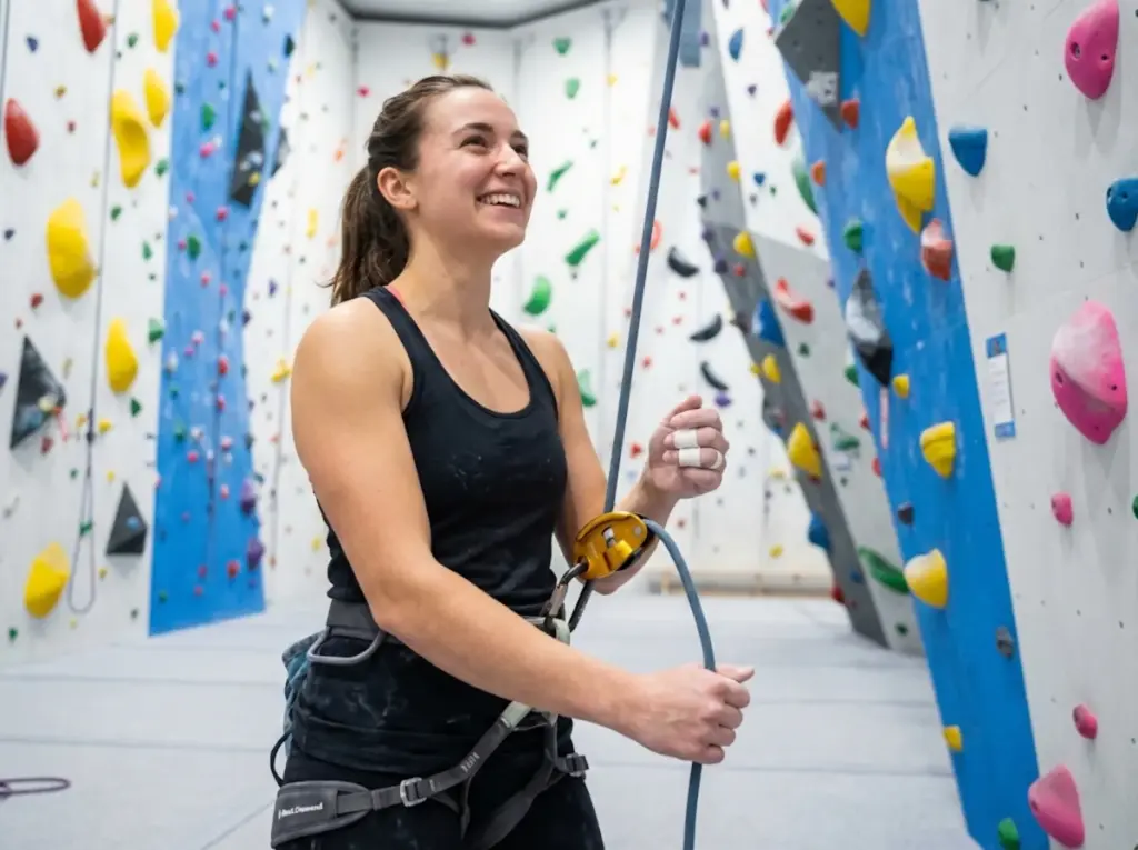 Injured climber staying connected to community by belaying partner during recovery