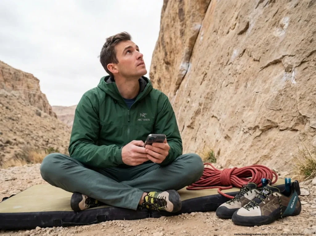 Male climber using Mountain Project partner finder app at base of limestone crag, Arc'teryx jacket and Mammut rope visible
