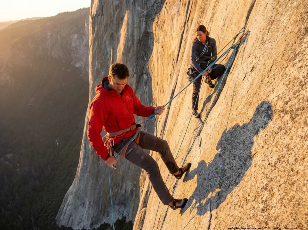 Male climber on free-hanging multi-pitch rappel at sunset while partner monitors from anchor above