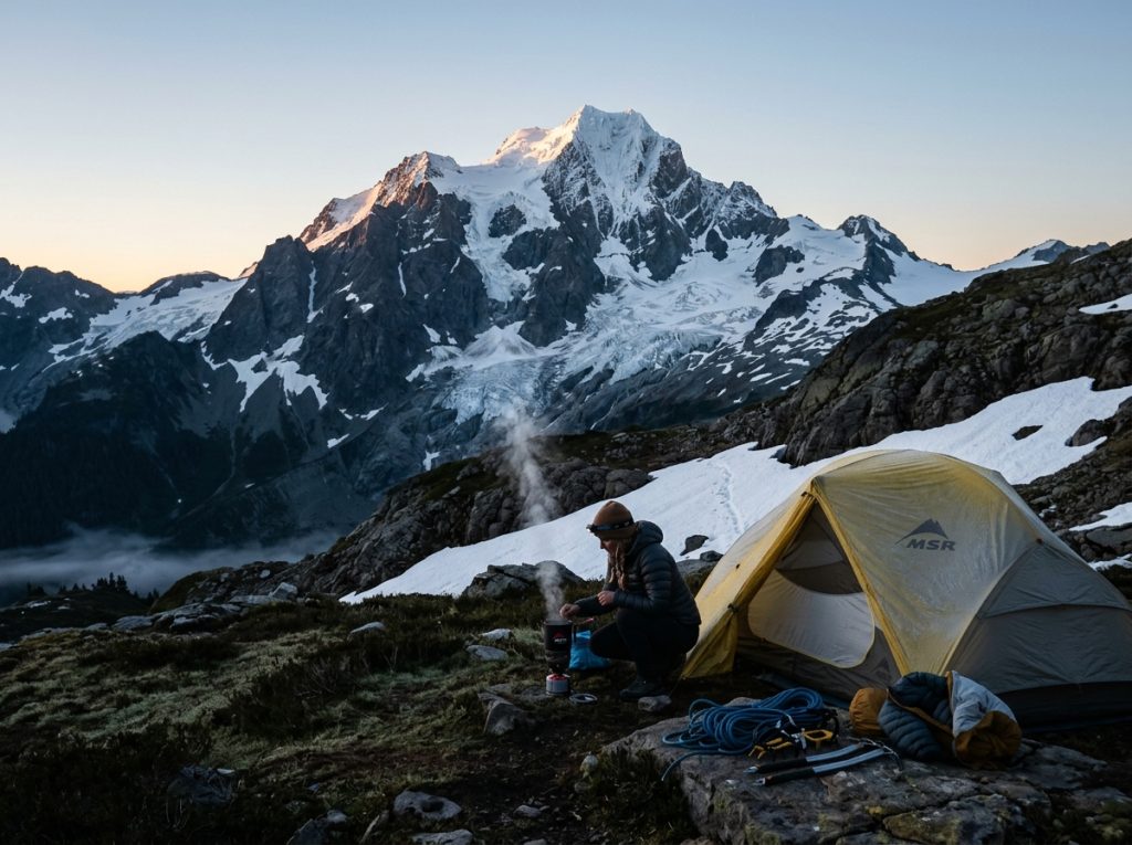 Mount Shuksan's glaciated face at sunrise seen from a climbers' high camp