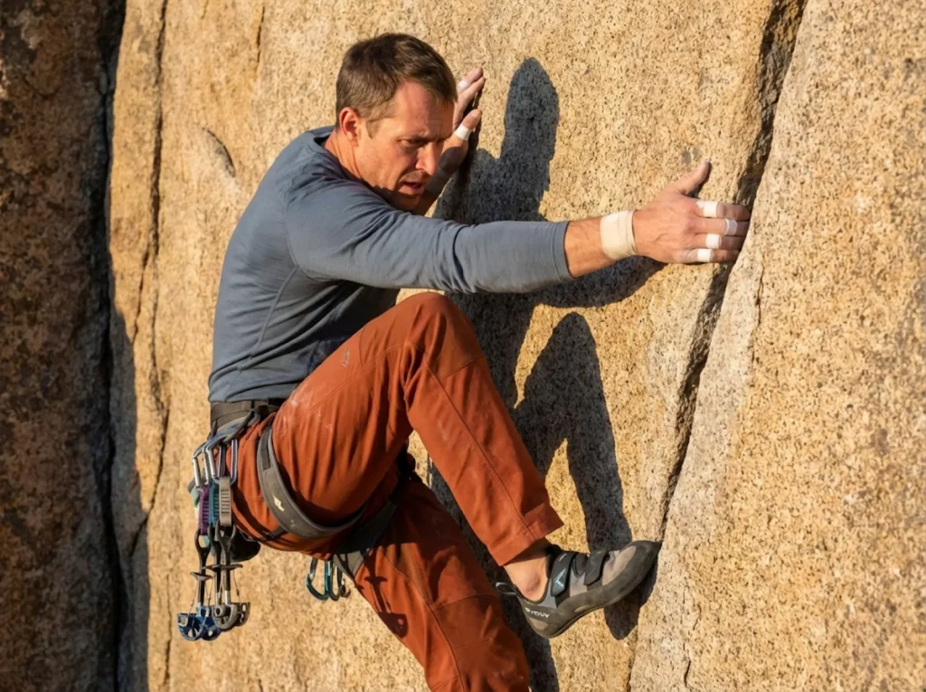 Climber using arm bar and heel-toe jam technique in a wide off-width granite crack at Vedauwoo