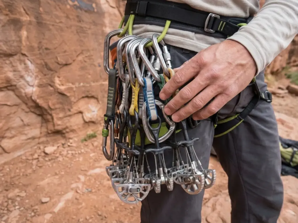 Overcrowded harness gear loop causing cam tangle during climbing preparation