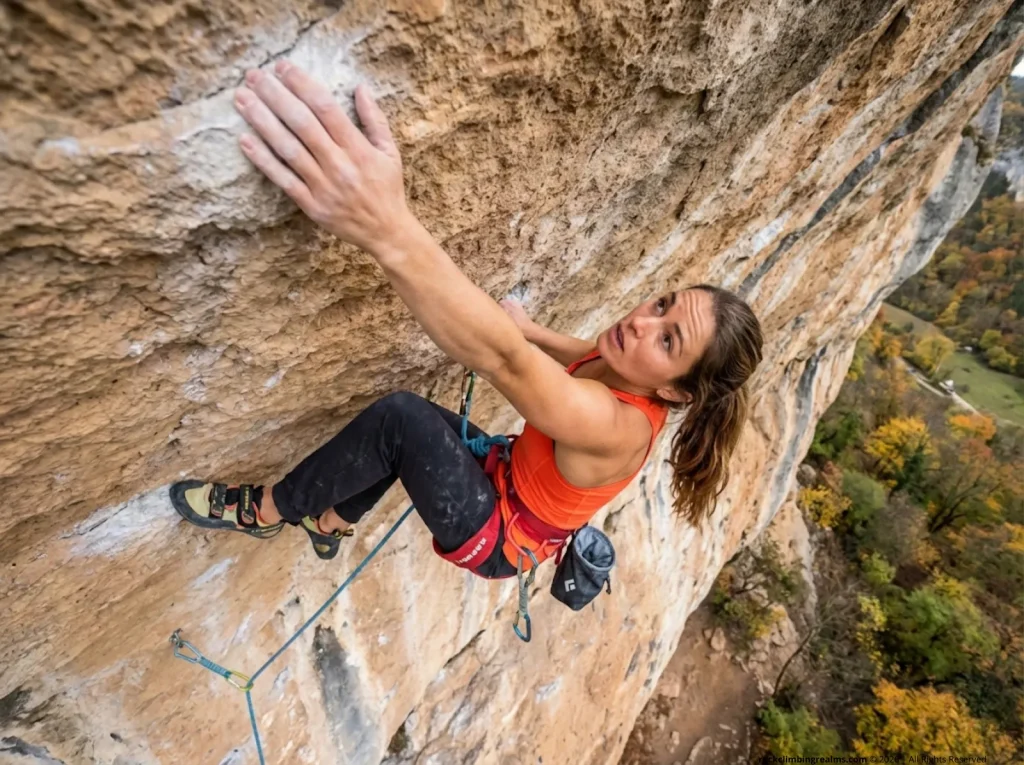 Female climber captured from above on overhanging limestone sport route — full body visible with dynamic reach and face in frame